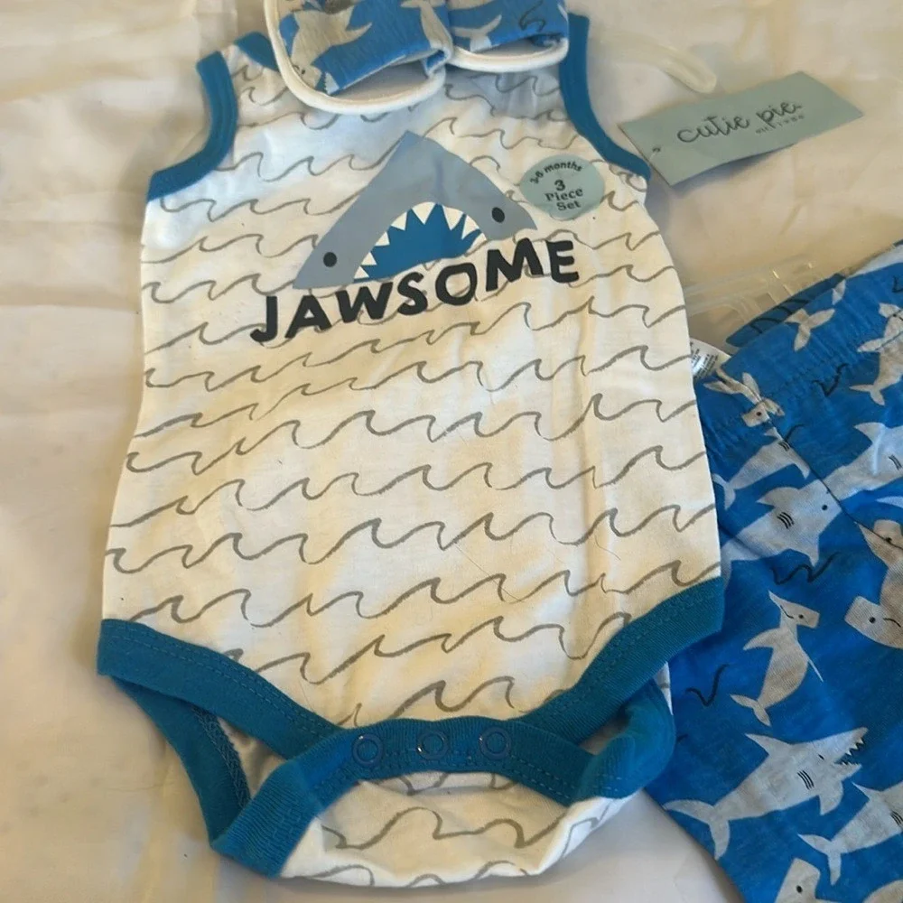 Cutie Pie Baby Boys 3 Piece Shark Jawsome Set Bodysuit Shorts Booties 3-6M Blue